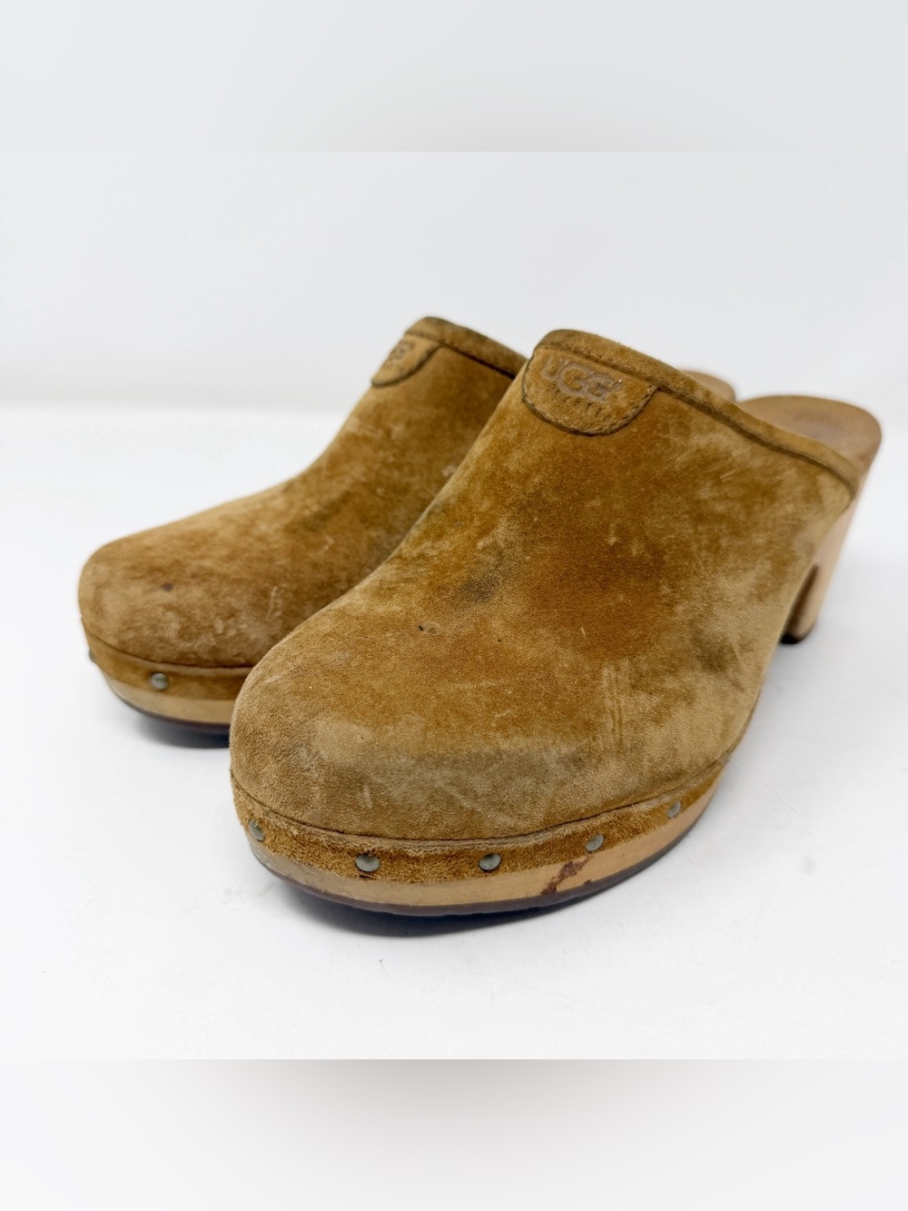 UGG Abbie Brown Leather Clogs Wooden Wood Platform Heels Studded Womens 7